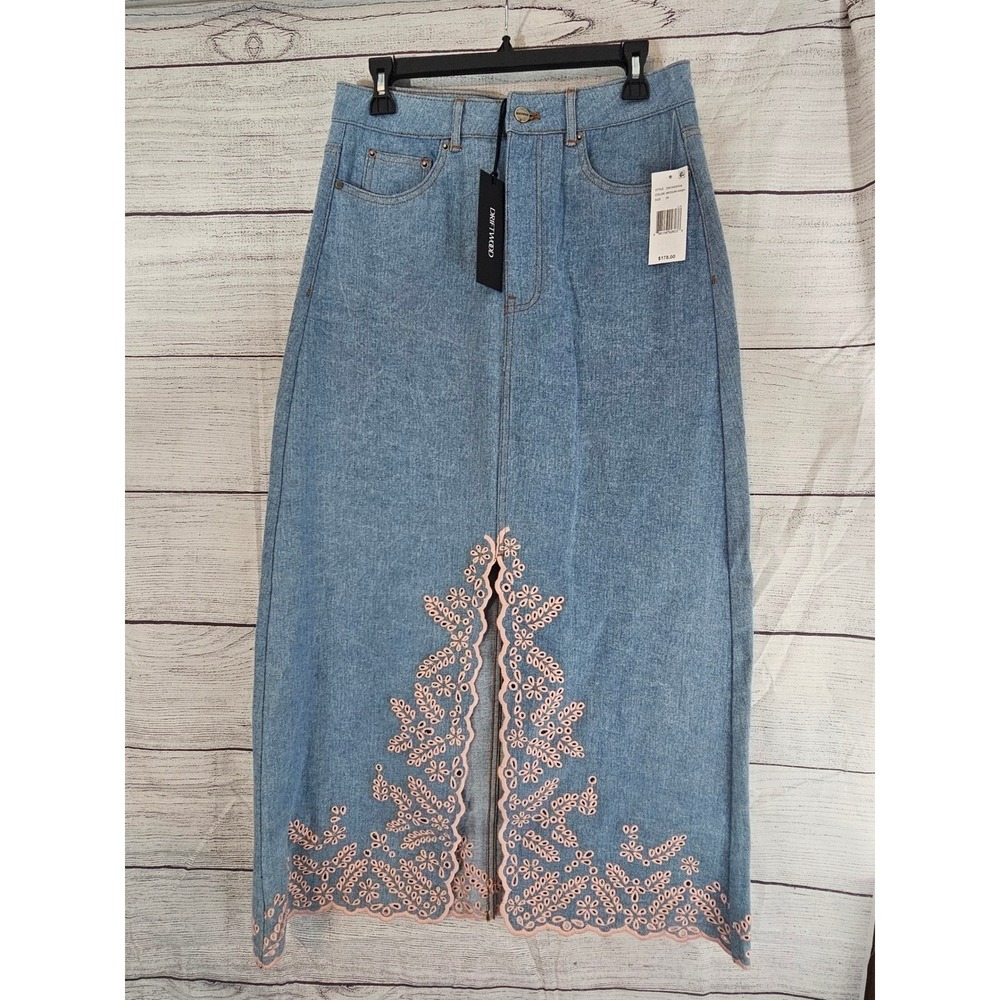DRIFTWOOD Blue Denim Maxi Skirt with Pink Lace Trim